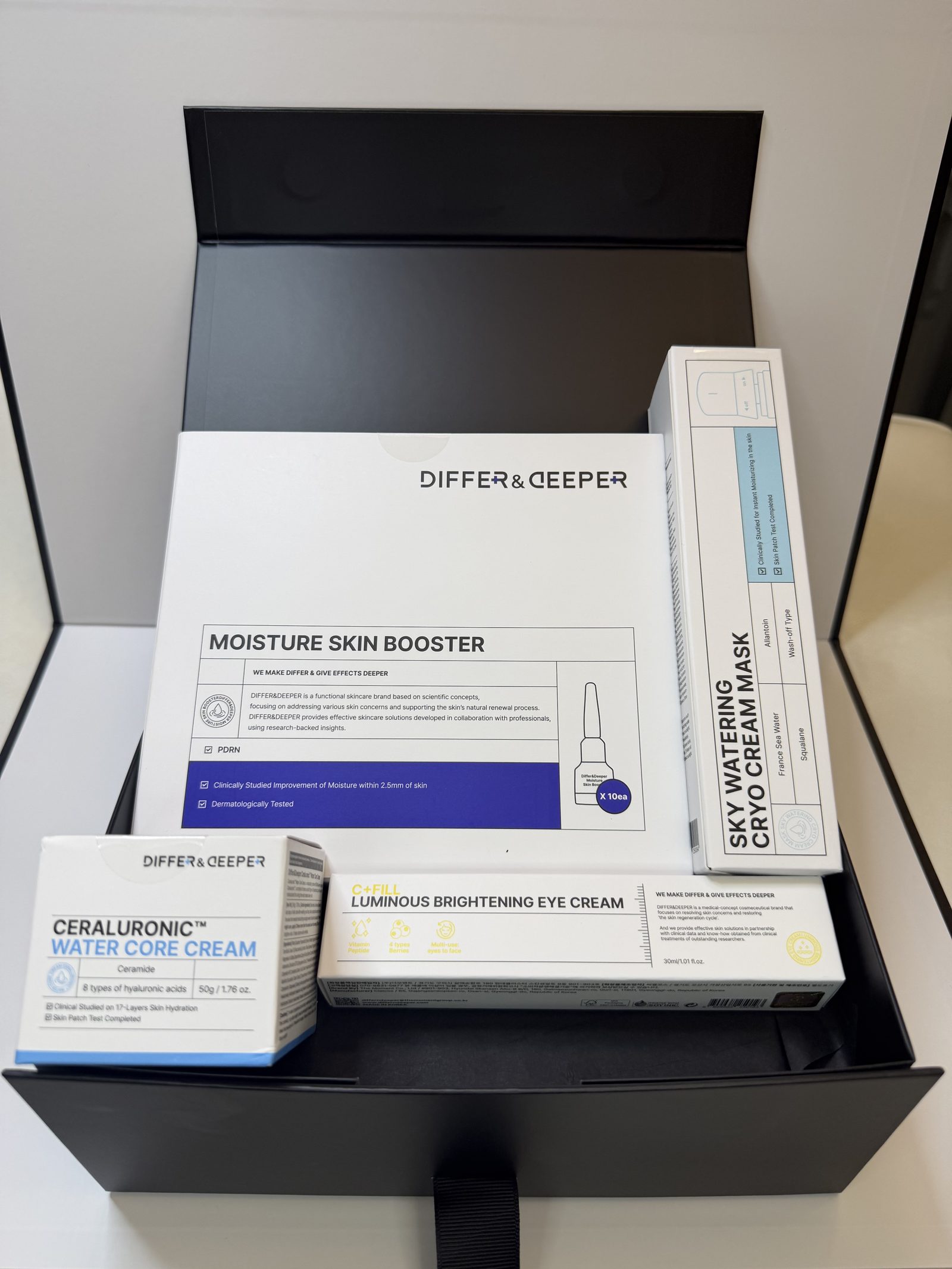 Blue Moisturising Bundle gift box open with products propped up